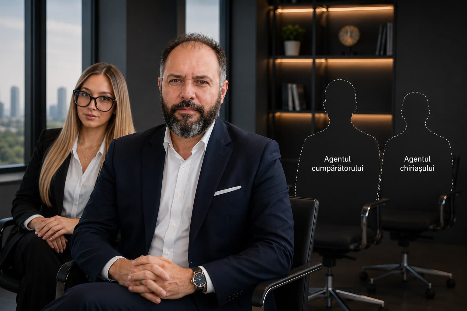 Daniel și Cristina Dobre, cu două scaune goale în plan secund — agentul cumpărătorului și agentul chiriașului