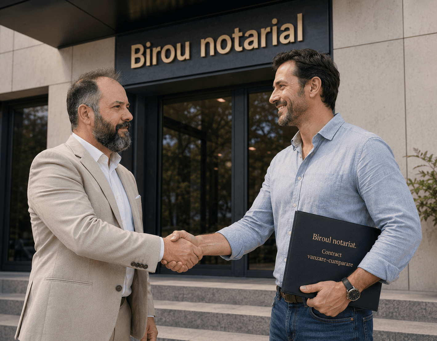 Daniel Dobre strânge mâna unui client în fața unui birou notarial, clientul ține contractul de vânzare-cumpărare