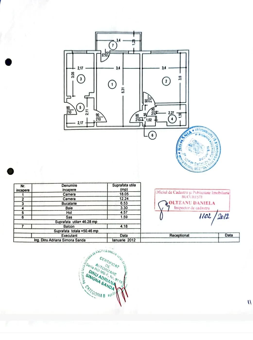 Plan apartament, 2 camere, schema distribuție