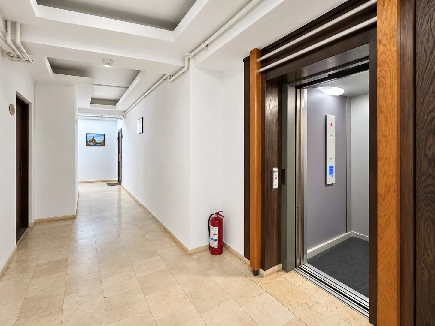 Hol de intrare cu ascensor și ușă de apartament