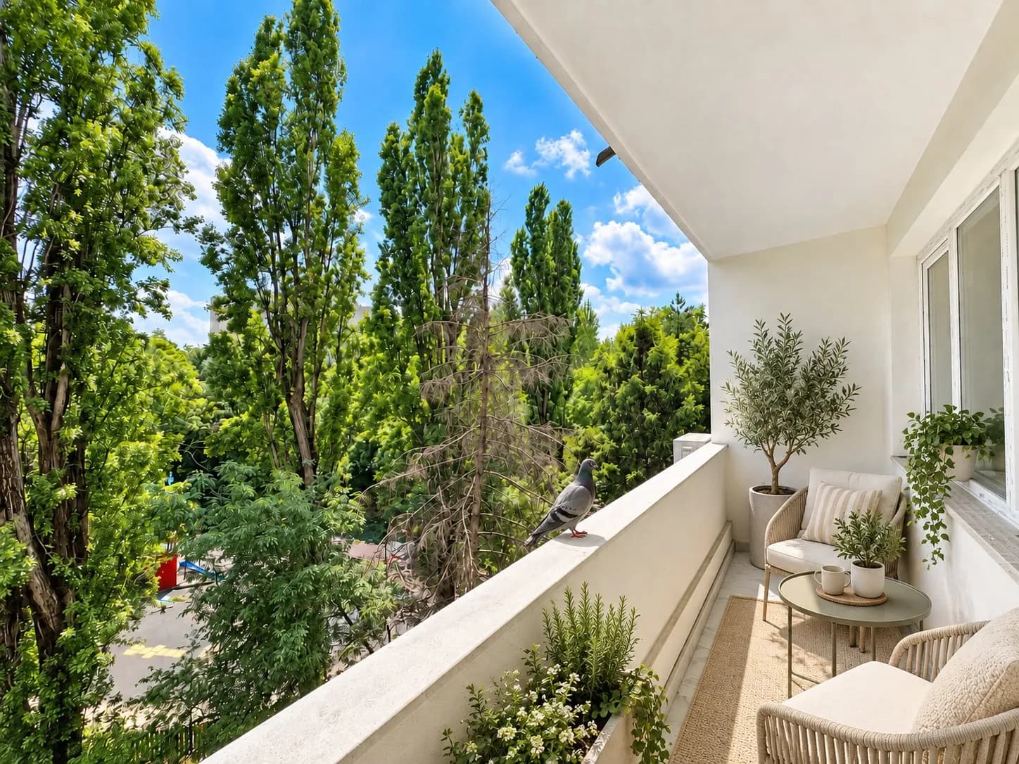 Balcon amenajat cu mobilă și plante decorative