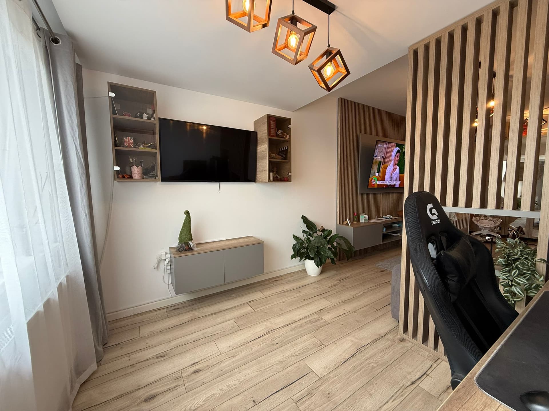 Living cu TV pe perete, nișe depozitare, plante decorative