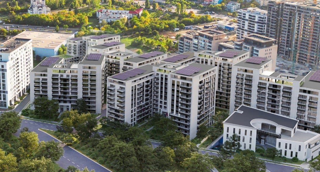 Perspectivă aeriană a complexului rezidențial și împrejurimilor
