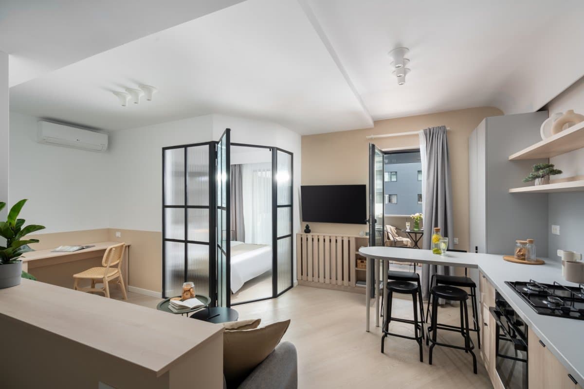 Apartament, 2 camere, Pipera — Living deschis către bucătănie și dormitor Pipera