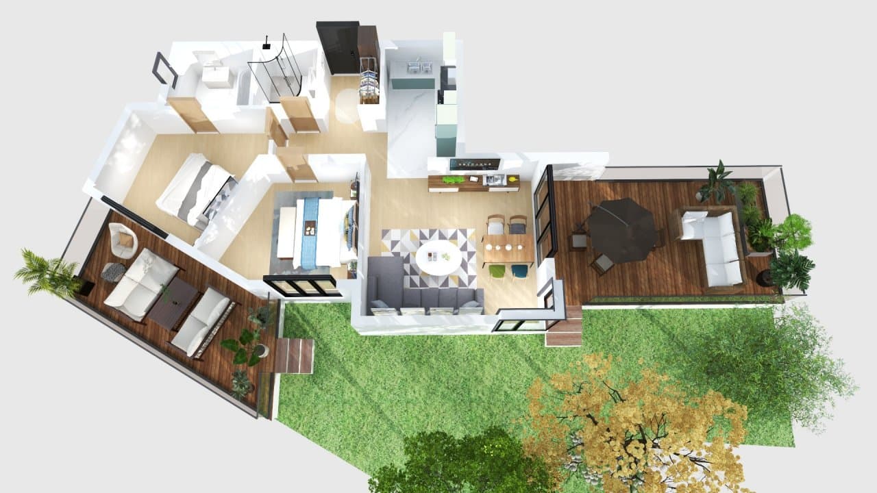 Plan 3D apartament cu living și curte