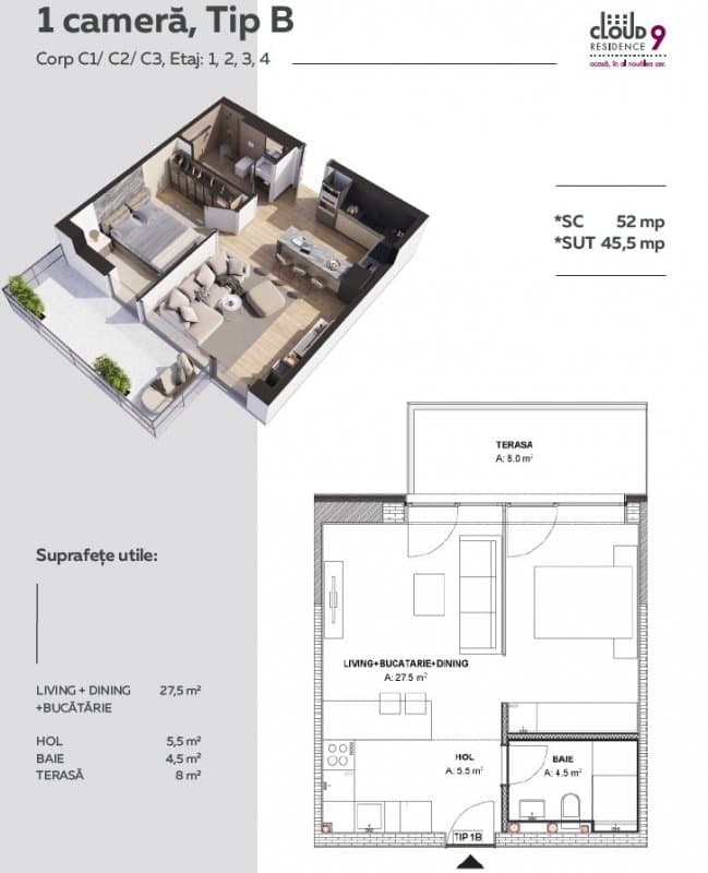 Planul apartamentului cu o cameră și living