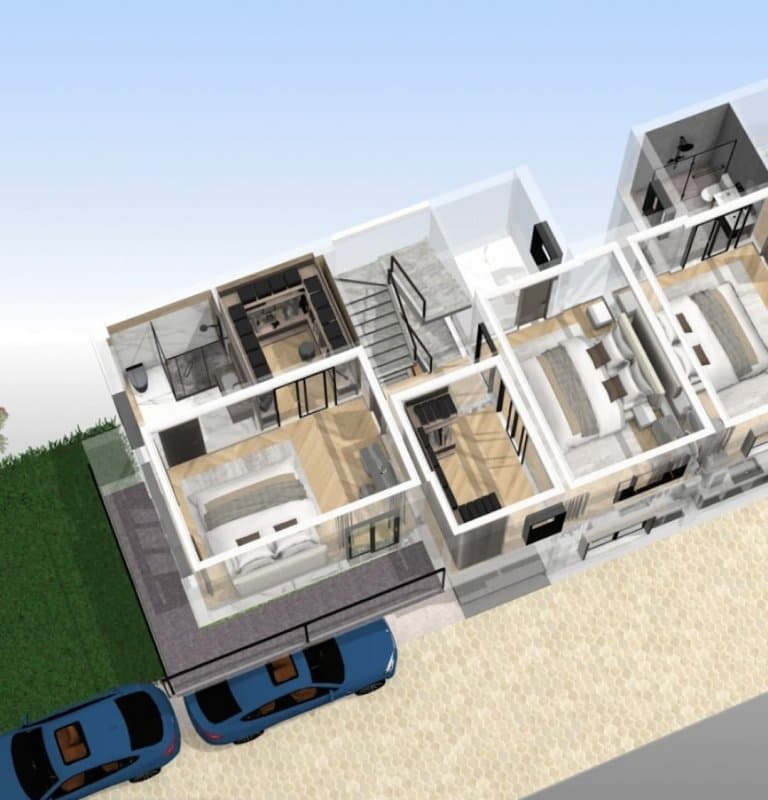 Perspectivă 3D a casei cu parcare și teren