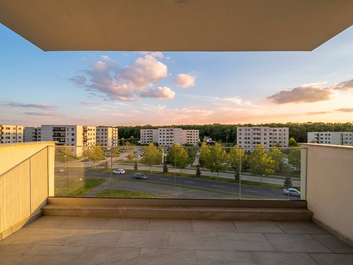 Balcon cu vedere spre cartier cu blocuri și gazon verde