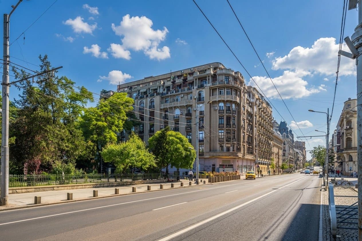 Fațada clădirii, stradă cu tramvai și spații verzi