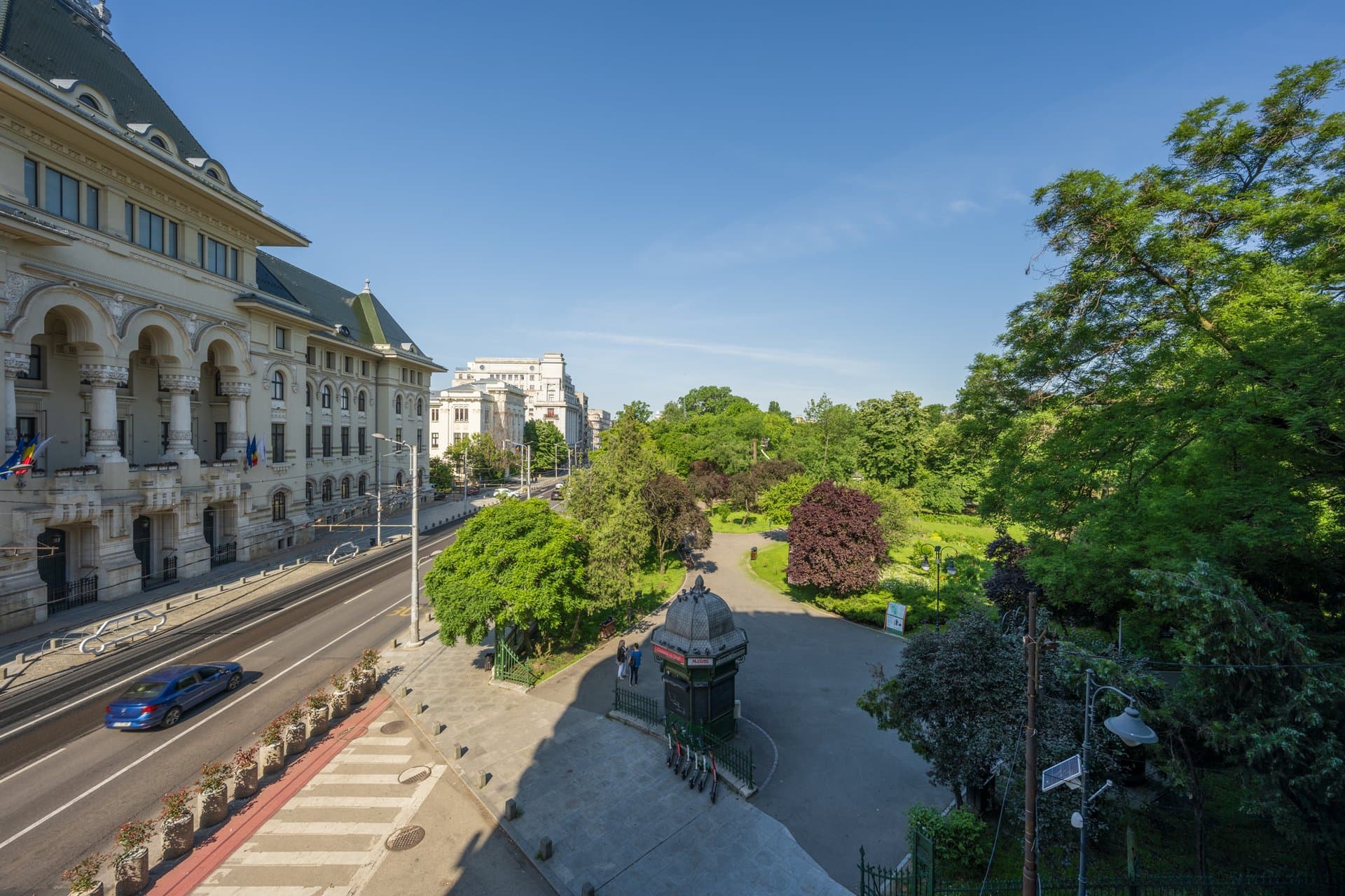 Vedere din balcon către parc cu copaci